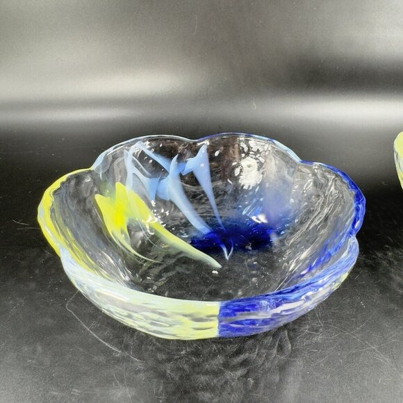 Vintage Aderia Glass Bowl Set 2 Made In Japan Clear Blue Yellow Swirls Ruffled - Picture 13 of 16